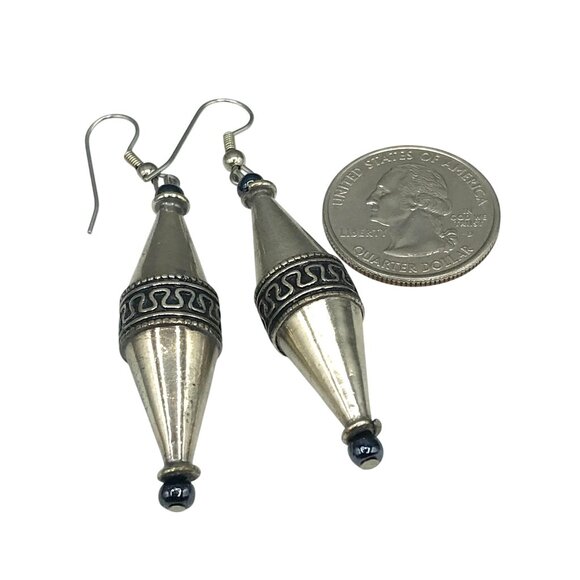 Vintage Indian Silver Etruscan Style Earrings with Bicone Dangle and Hematite - Picture 4 of 4